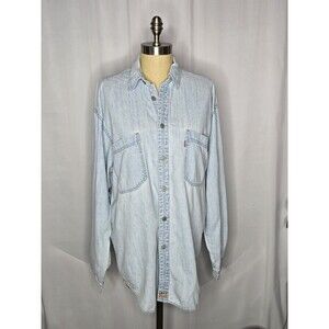 VTG Levis Shirt Men M Blue Denim Light Wash Distress Long Sleeve Button Red Tab